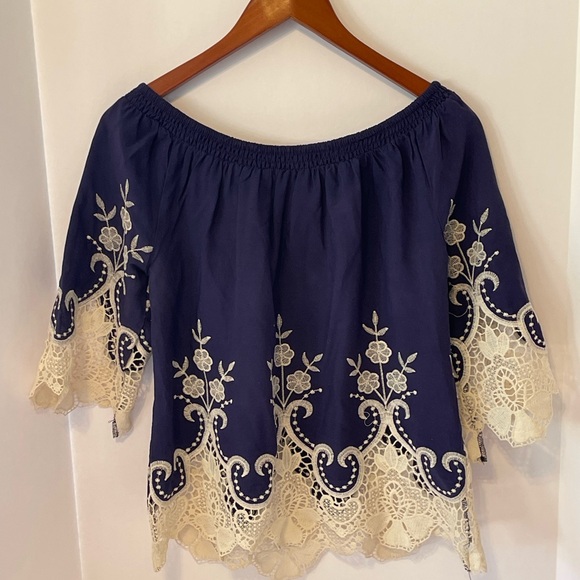 GeeGee Tops - Indigo Blue & Cream Lace Ladies Top
